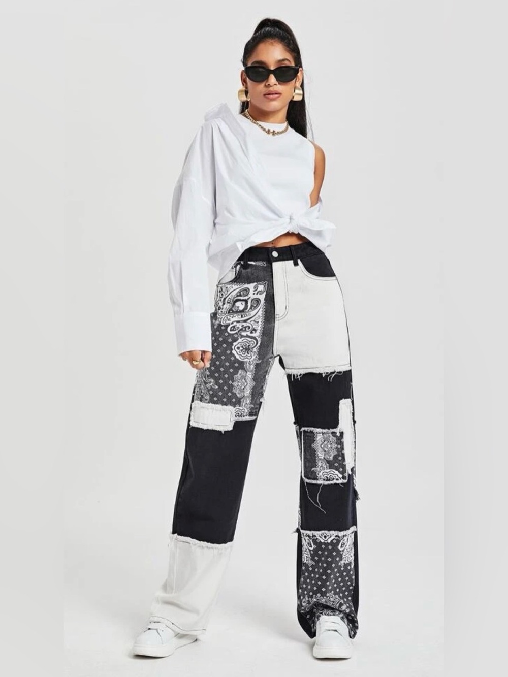 SHEIN Black White Patchwork Bandana Frayed Edge Pants Wide-legged Size M (6)